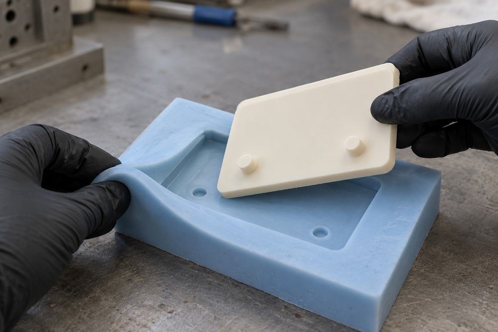 Entformen eines Bauteils aus einer Silikonform.